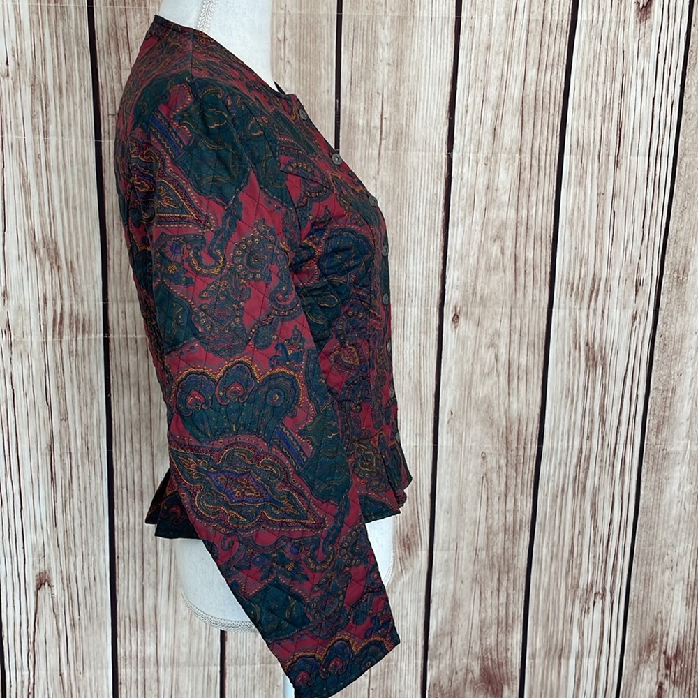 Kenneth Gordon Quilted Paisley Fitted Jacket Burgundy/Green/Yellow/Blue Size 4 - Picture 7 of 12